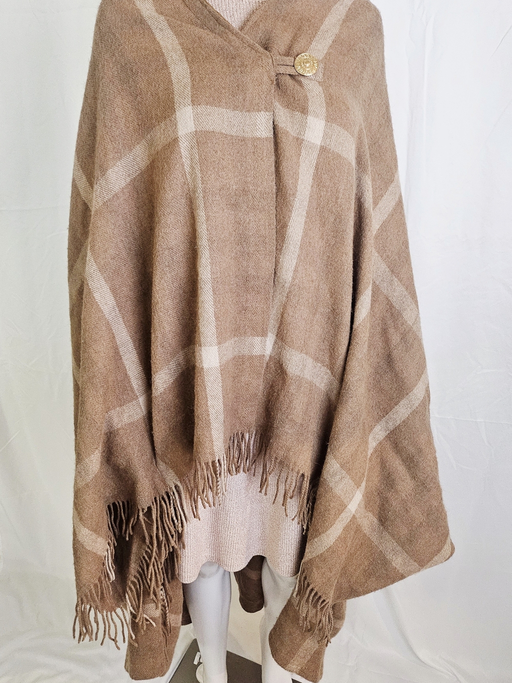 Source Unknown Tan Plaid Fringe Wool Cape